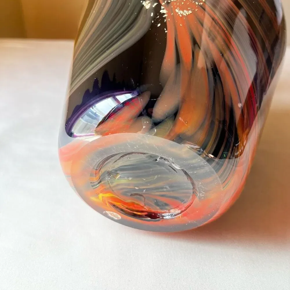 Murano Style Art Glass Vase Hand Blown Black with Gold Foil Mid Century Modern - Picture 7 of 12